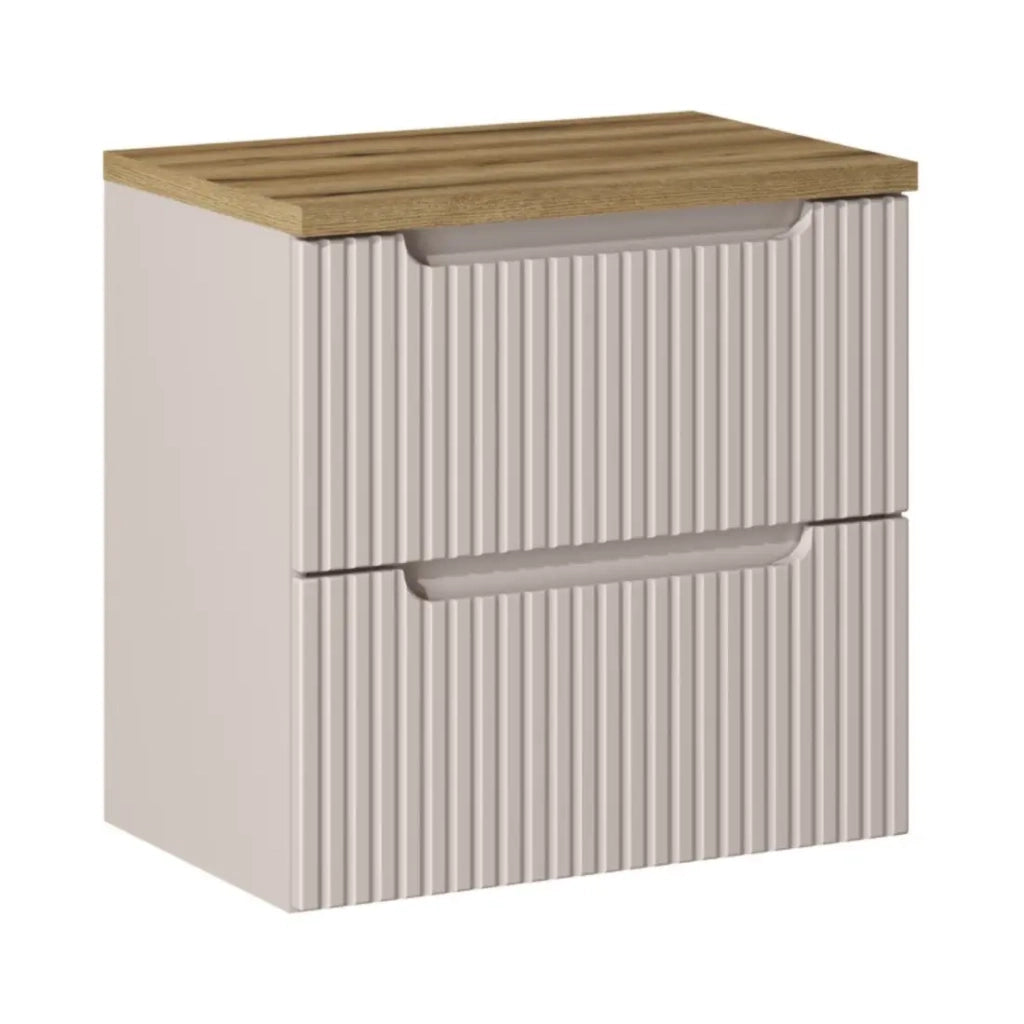 Set da bagno VANO cachemire e quercia 60cm: mobile sotto lavabo con cassetti rigati verticalmente + piano per lavabo