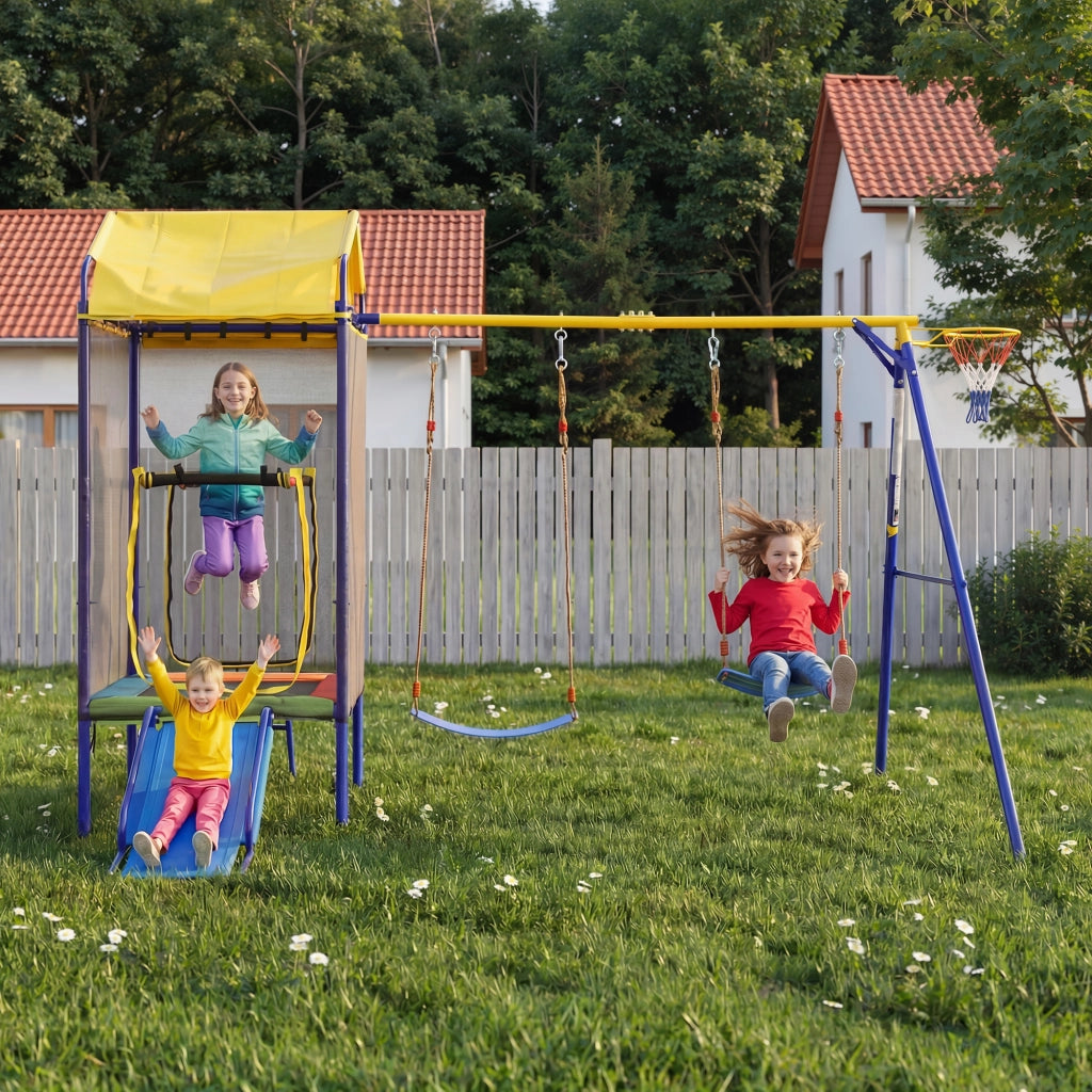 Parco giochi da esterno 4 in 1 con trampolino; doppia altalena; scivolo e canestro
