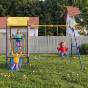 Parco giochi da esterno 4 in 1 con trampolino; doppia altalena; scivolo e canestro
