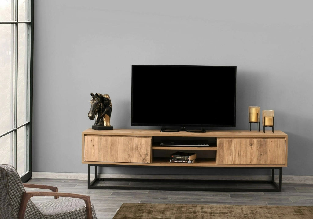 Mobile porta TV Kira, Credenza da soggiorno, Armadio basso per TV, Base parete attrezzata, 180x40h50 cm, Nero e Quercia