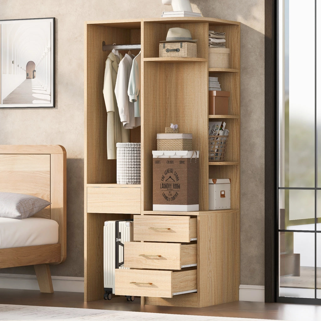 Scaffale guardaroba moderno con appendiabiti ripiani a più livelli e cassetti in MDF color legno 70 × 55 × 175 cm