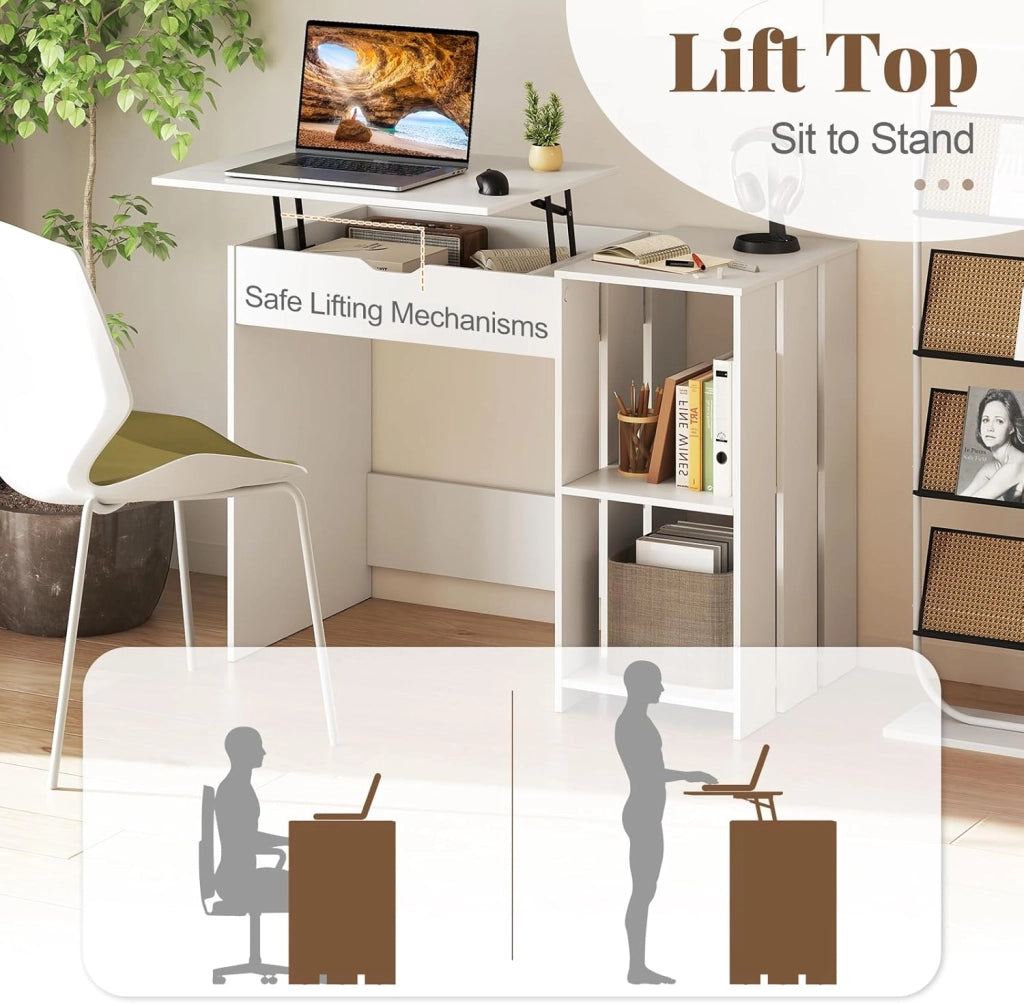 Scrivania per computer in legno con piano sollevabile, tavolo da lavoro con 2 ripiani aperti e 1 scomparto nascosto, 100 x 49 x 75 cm, scrivania moderna per ufficio, studio (bianco)