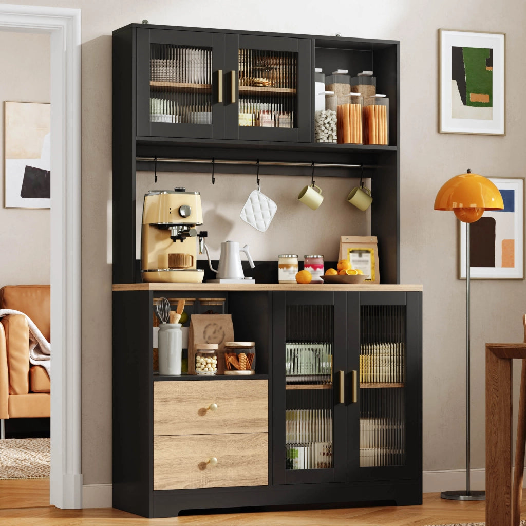 ARMADIO CUCINA Alto 110x40x178 cm MDF Nero con LED e vetri temperati