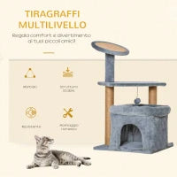 Tiragraffi per Gatti con Pali in Juta, Casetta e Cuscino, Rivestimento Peluche, Altezza 84cm, Grigio