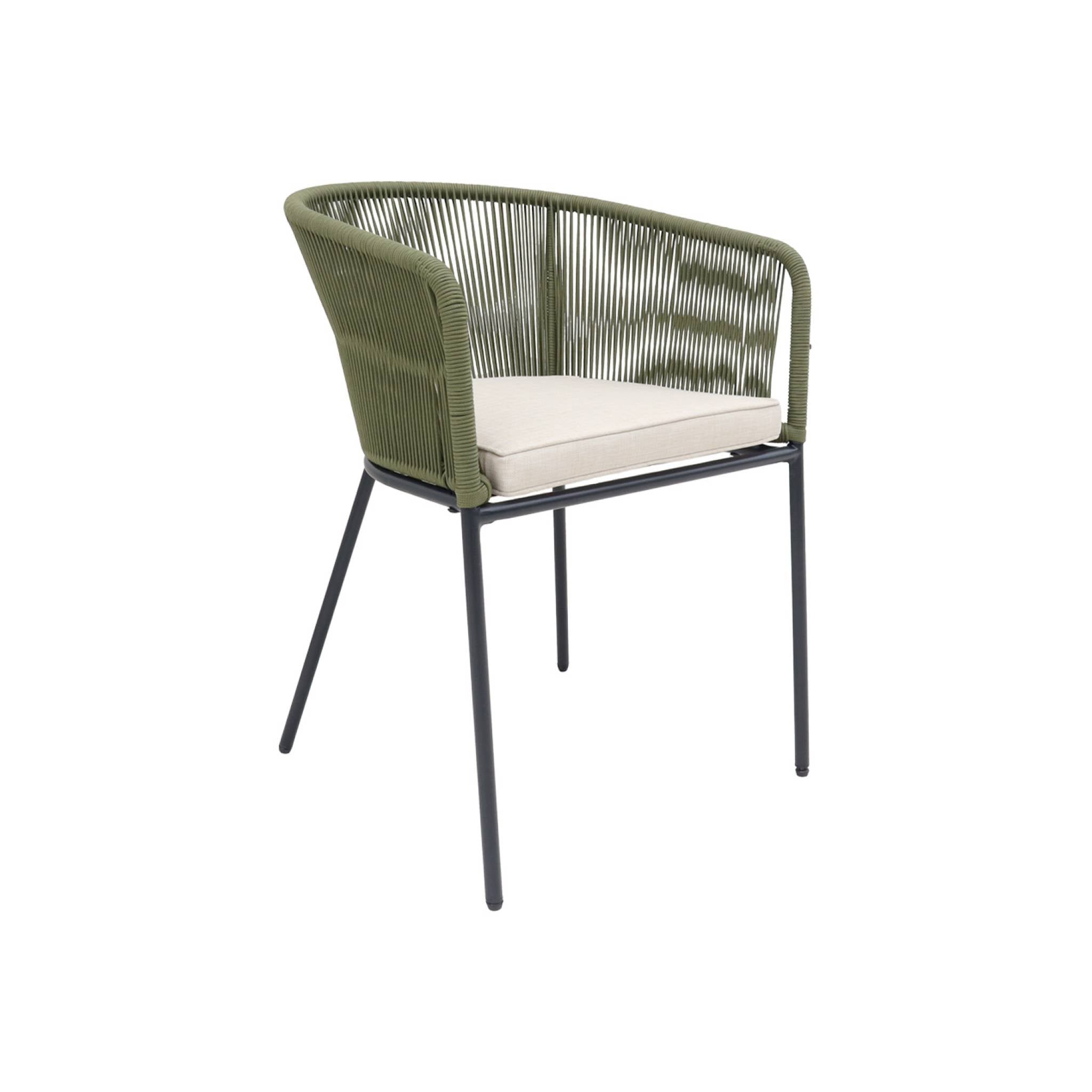 Set di 4 poltrona da giardino in corda e acciaio zincato, verde kaki