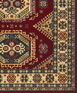 Tappeto KAZAKH 1351 rosso e oro cm.160x240 stile orientale persiano alta qualità con effetto lucente