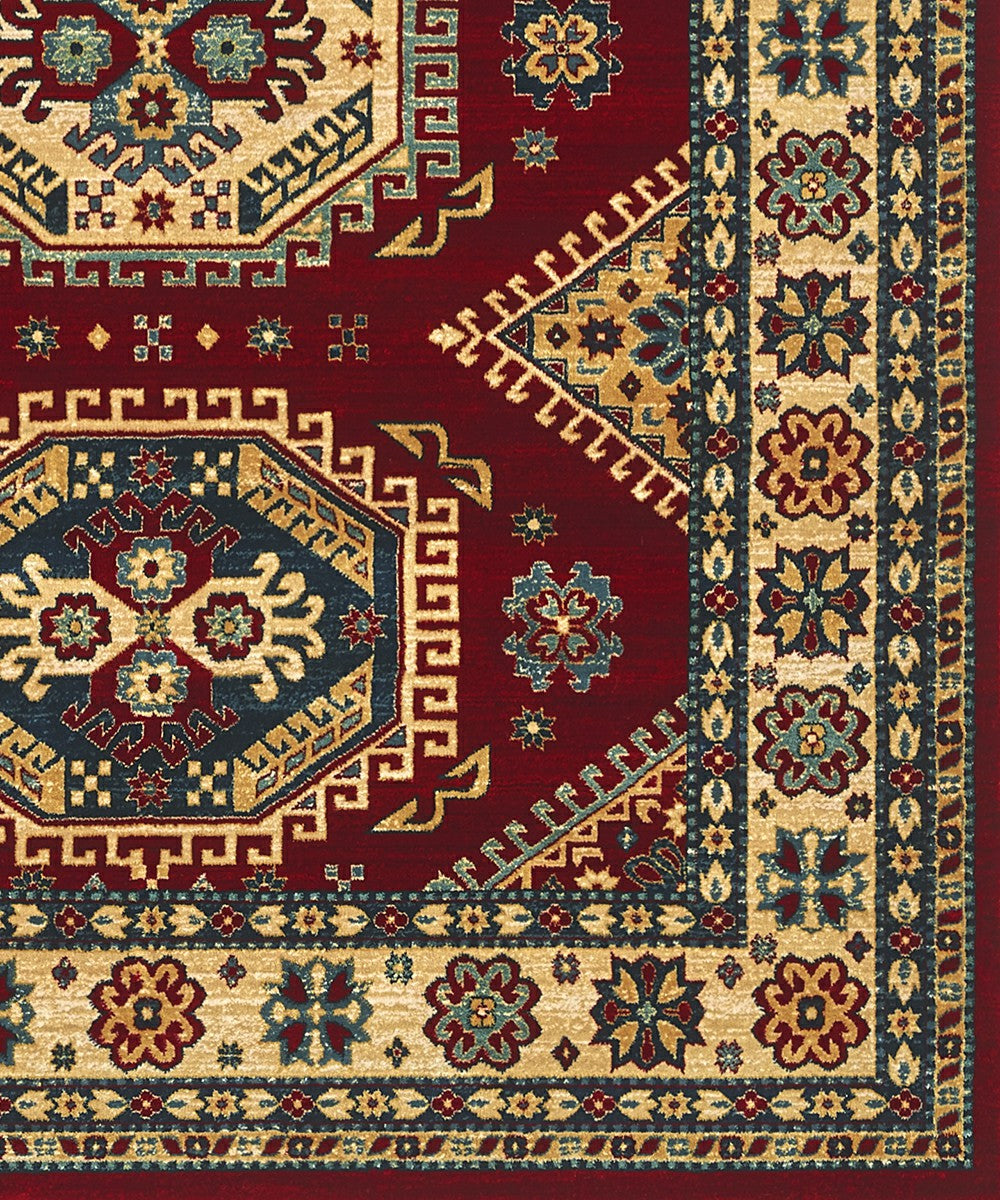 Tappeto KAZAKH 1351 rosso e oro cm.70x300 stile orientale persiano alta qualità con effetto lucente