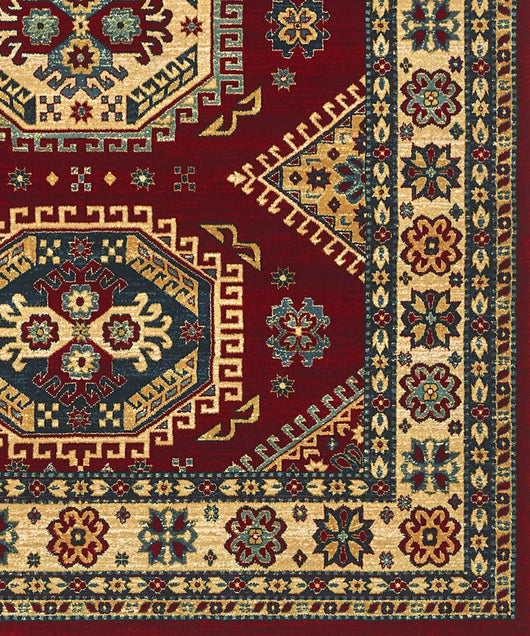 Tappeto KAZAKH 1351 rosso e oro cm.70x300 stile orientale persiano alta qualità con effetto lucente