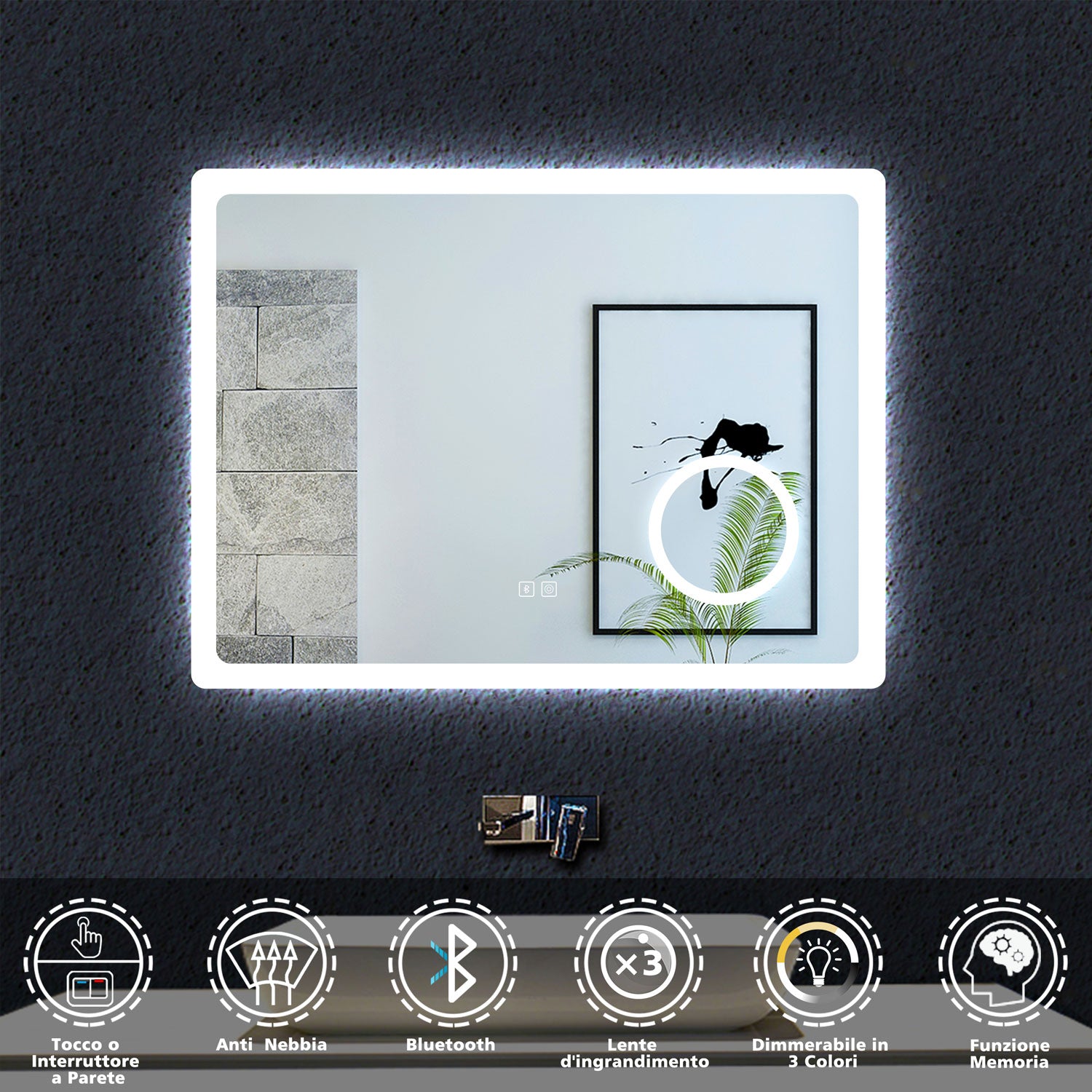 Aica 80x60cm Specchio da bagno Bluetooth antiappannamento + 3 colori dimmerabili + lente d'ingrandimento 3X