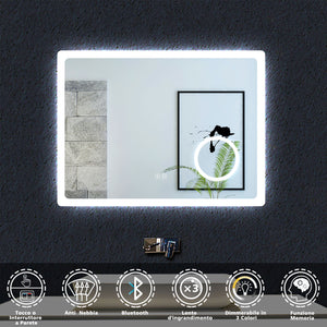 Aica 80x60cm Specchio da bagno Bluetooth antiappannamento + 3 colori dimmerabili + lente d'ingrandimento 3X