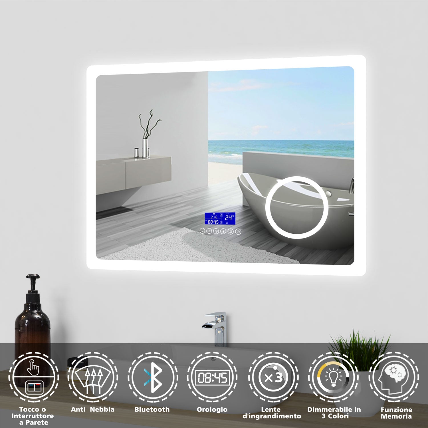 Aica Specchio da bagno bluetooth 80x60cm con antiappannamento + dimmerabile + 3 colori + ingrandimento 3X