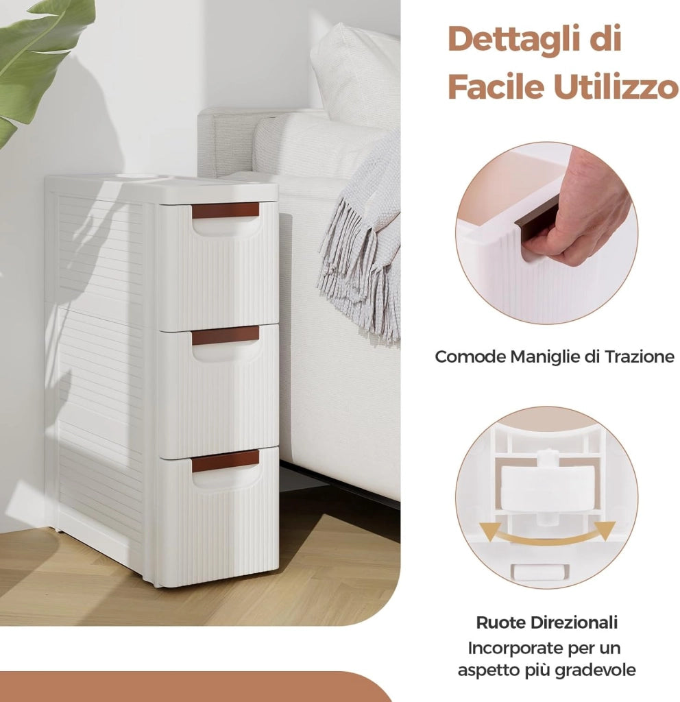 Mobile Bagno con 4 Cassetti, Mobiletto Bagno Salvaspazio con Ruote, Cassettiera in PP per Soggiorno, Bagno e Cucina, 42 x 19 x 74 cm