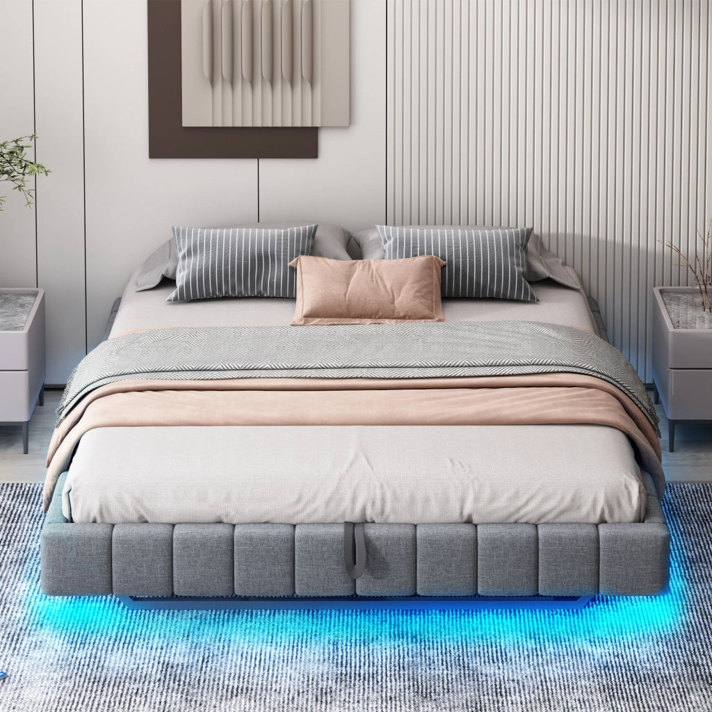 Letto Contenitore 180x200 cm con LED e scomparto nascosto in tessuto imbottito Grigio