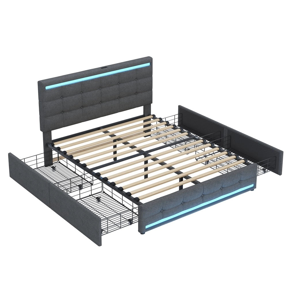 Letto Imbottito con Contenitore ¨C MINIMAL ¨C Tessuto Grigio, LED, 4 Cassetti, 140x200