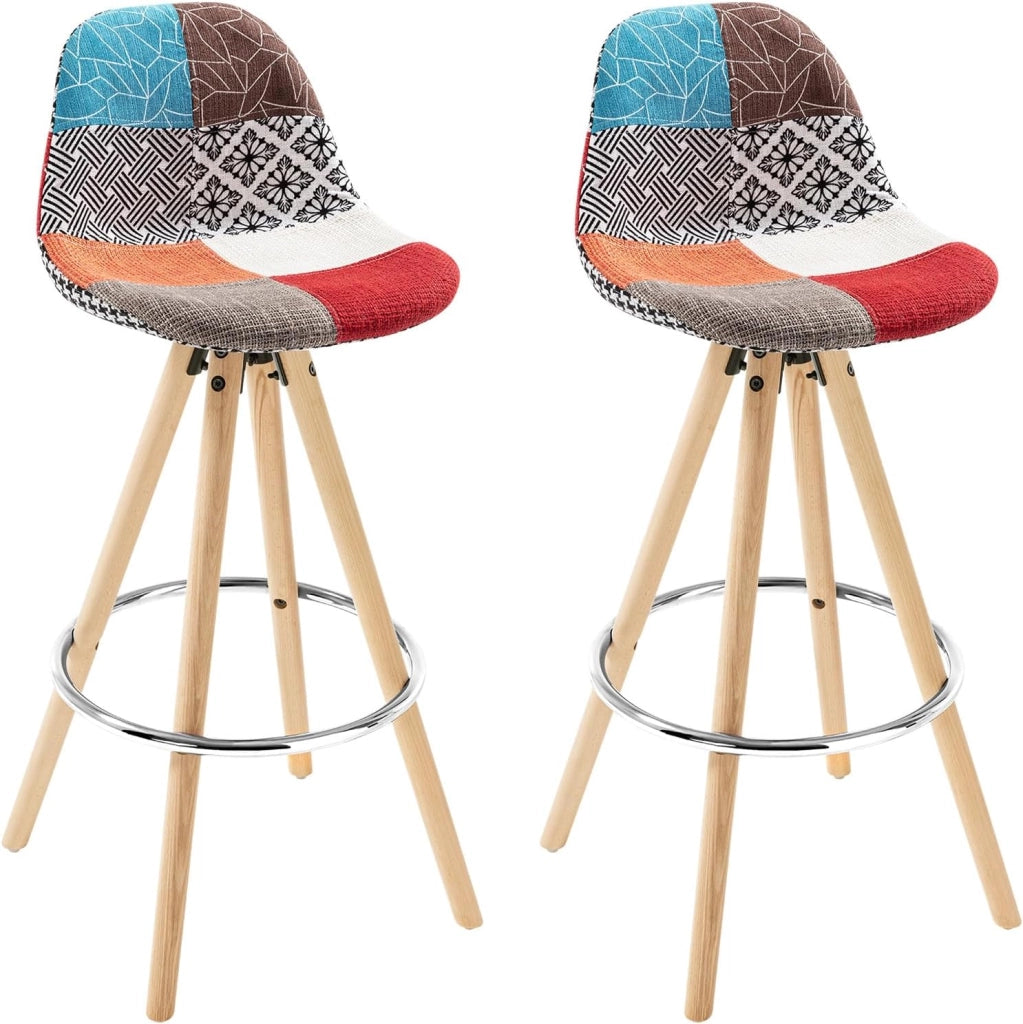 Sgabelli Bar Set di 2, Sedia Alta con Schienale e Poggiapiedi per Isola Cucina, Pub, Sala da Pranzo, in Gambe Legno, Lino, Patchwork