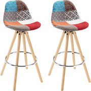 Sgabelli Bar Set di 2, Sedia Alta con Schienale e Poggiapiedi per Isola Cucina, Pub, Sala da Pranzo, in Gambe Legno, Lino, Patchwork
