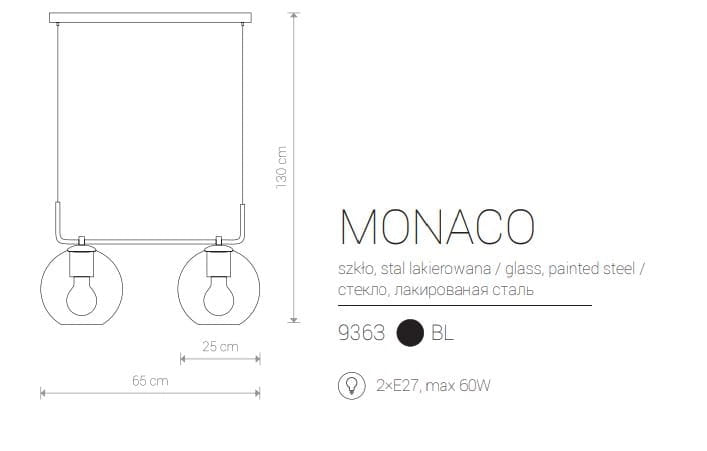 Lampadario sospeso Nowodvorski Monaco nero vetro 2xE27