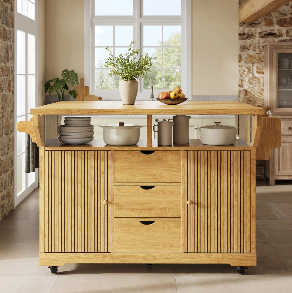 Isola da cucina mobile con piani ribaltabili, 3 cassetti, marrone