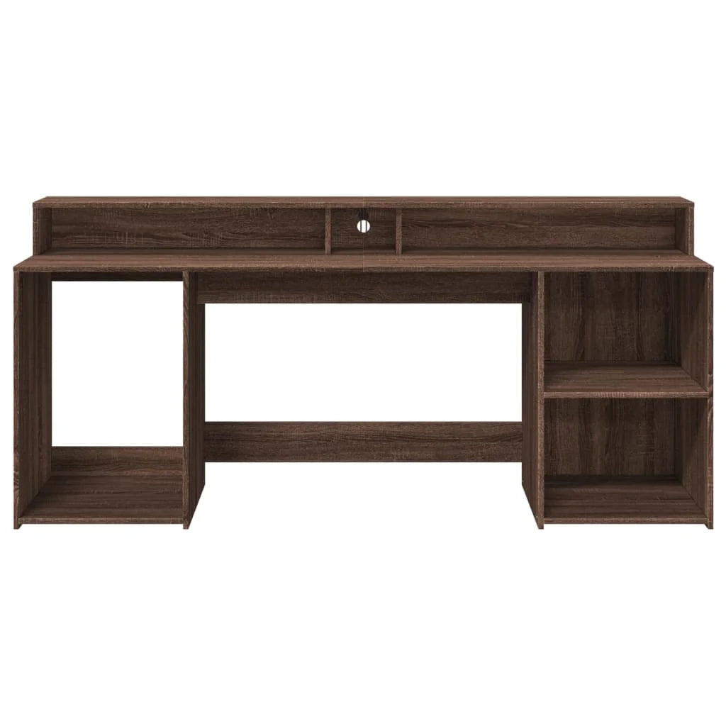 Scrivania da ufficio postazione di lavoro mobile per computer zona studio con luci a LED legno ingegnerizzato di rovere marrone 02_0023790