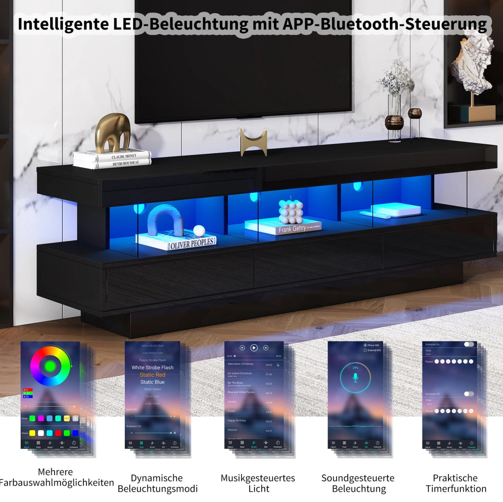 TV moderno nero lucido con LED e 3 vani in vetro