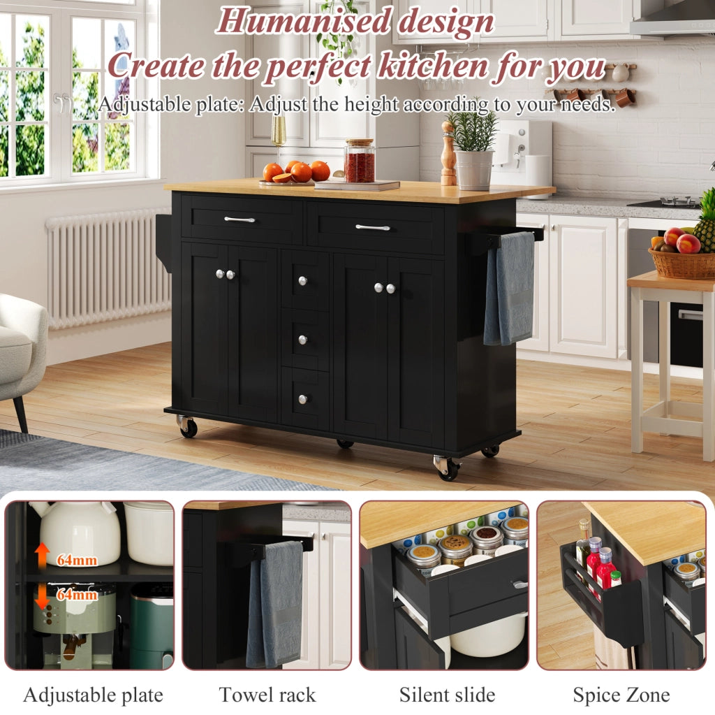 Carrello cucina con piano allungabile 140x65x89 cm in MDF; nero e naturale