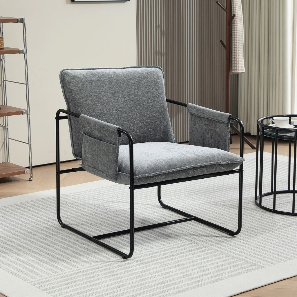 Poltrona Relax Moderna ¨C Xylo ¨C Tessuto Chenilla Grigio con Braccioli e Tasche 68x76x81 cm