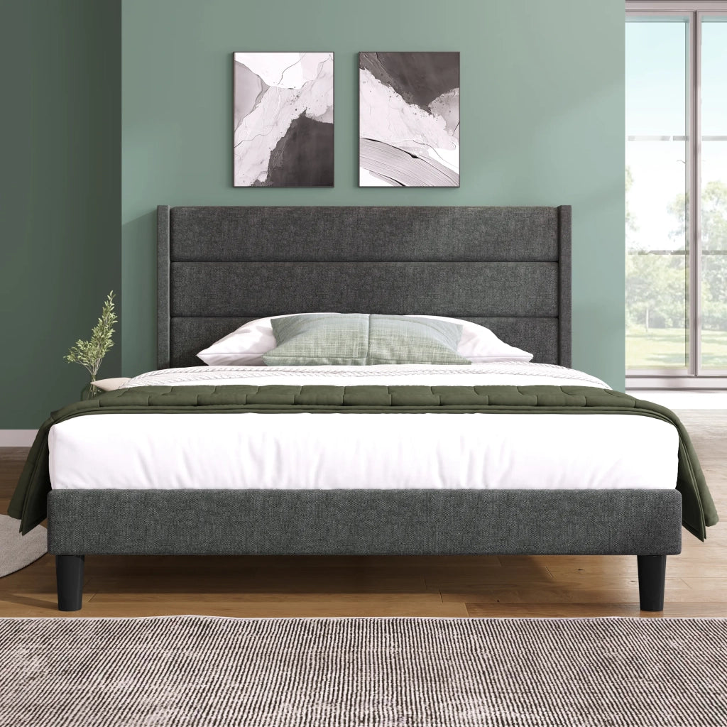 Letto matrimoniale imbottito 140x200 cm con testiera e rete a doghe; tessuto grigio scuro