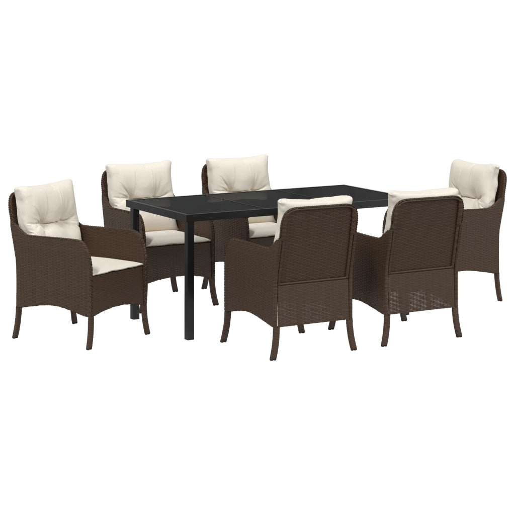 Set da Pranzo da Giardino da 7 Pezzi con Cuscini Marrone Poly Rattan