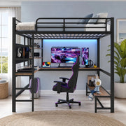 DESMIU Letto a soppalco 140 × 200 cm 2 posti con scrivania, ripiani, USB e Type-C, LED, senza materasso, nero