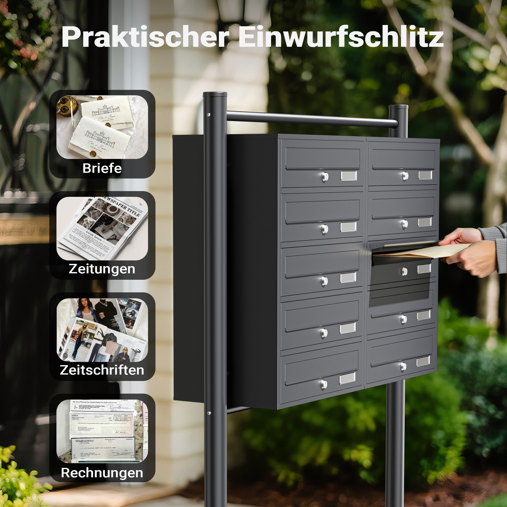 Cassetta postale condominiale autoportante, 10 posti, antracite, 945 x 270 x 1500 mm, 2 moduli