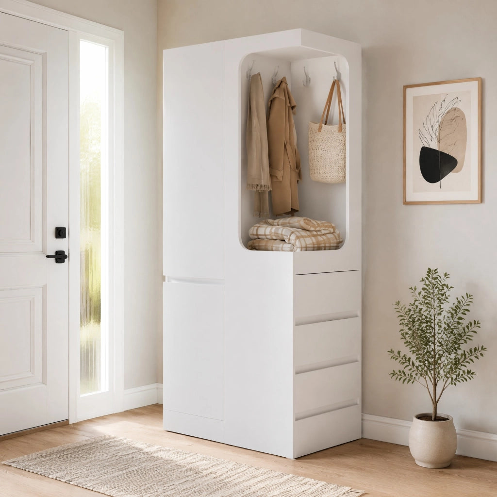 ARMADIO 70 x 40 x 170 cm con cassetti e vano appendiabiti aperto Bianco