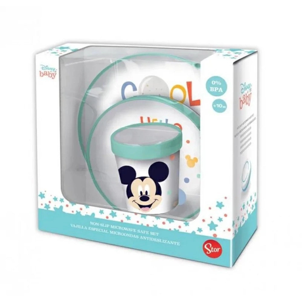Trade Shop - Set Pappa Topolino Bicchiere Piatti Antiscivolo Azzurro Bambini Prima Pappa -