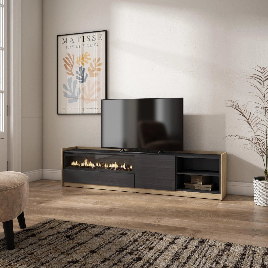 Mobile TV Soggiorno, 207x50x37 cm, Per TV fino a 80", Camino elettrico, Nero e rovere