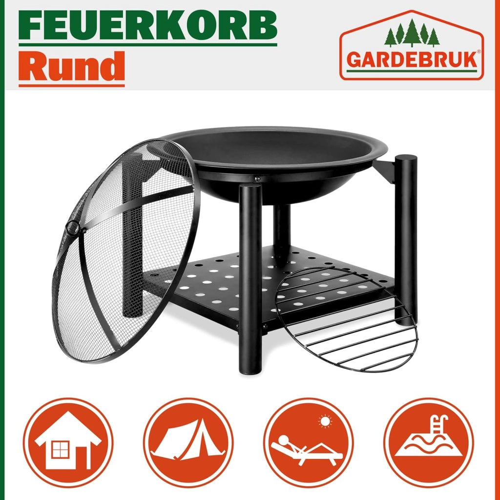 Deuba Braciere Rotondo Ø 55cm Attizzatoio Parascintille Ripiano Portaoggetti Camino Giardino Stufa