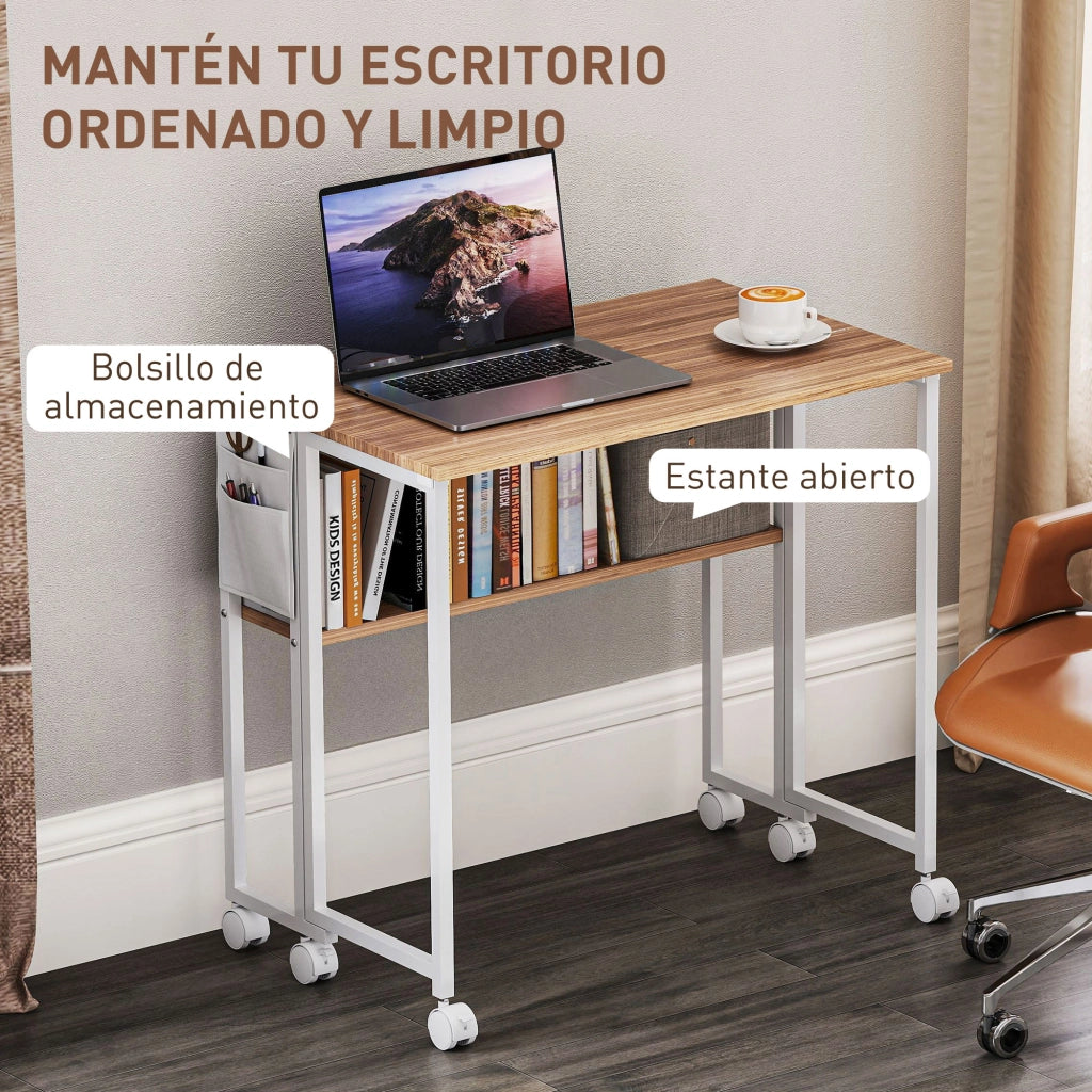 Scrivania Pieghevole con Ruote e Ripiano ¨C zephmum ¨C 80x50x75 cm Bianco e Naturale