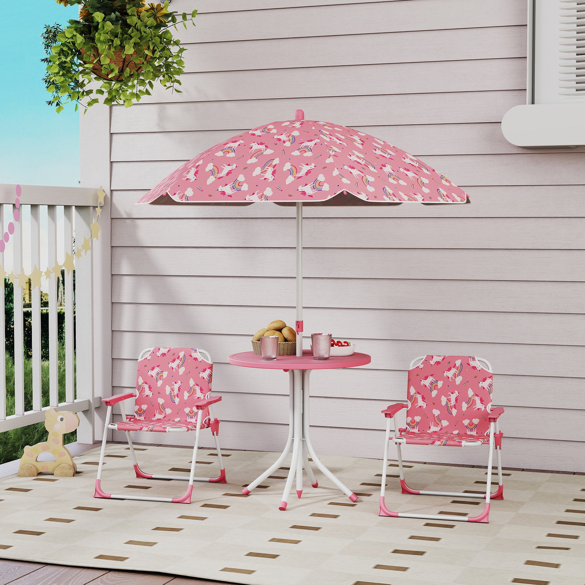 Set Tavolo e Sedie per Bambini con Ombrellone per Esterno in Acciaio Rosa