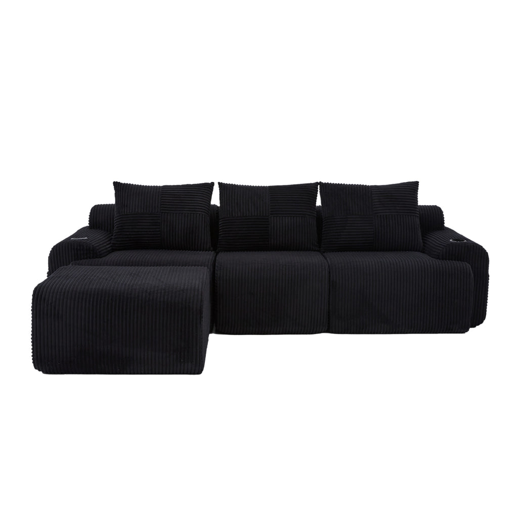 Divano modulare 3 posti ULEVR 268x174x80 cm con portabevande e tasca laterale, velluto a coste nero