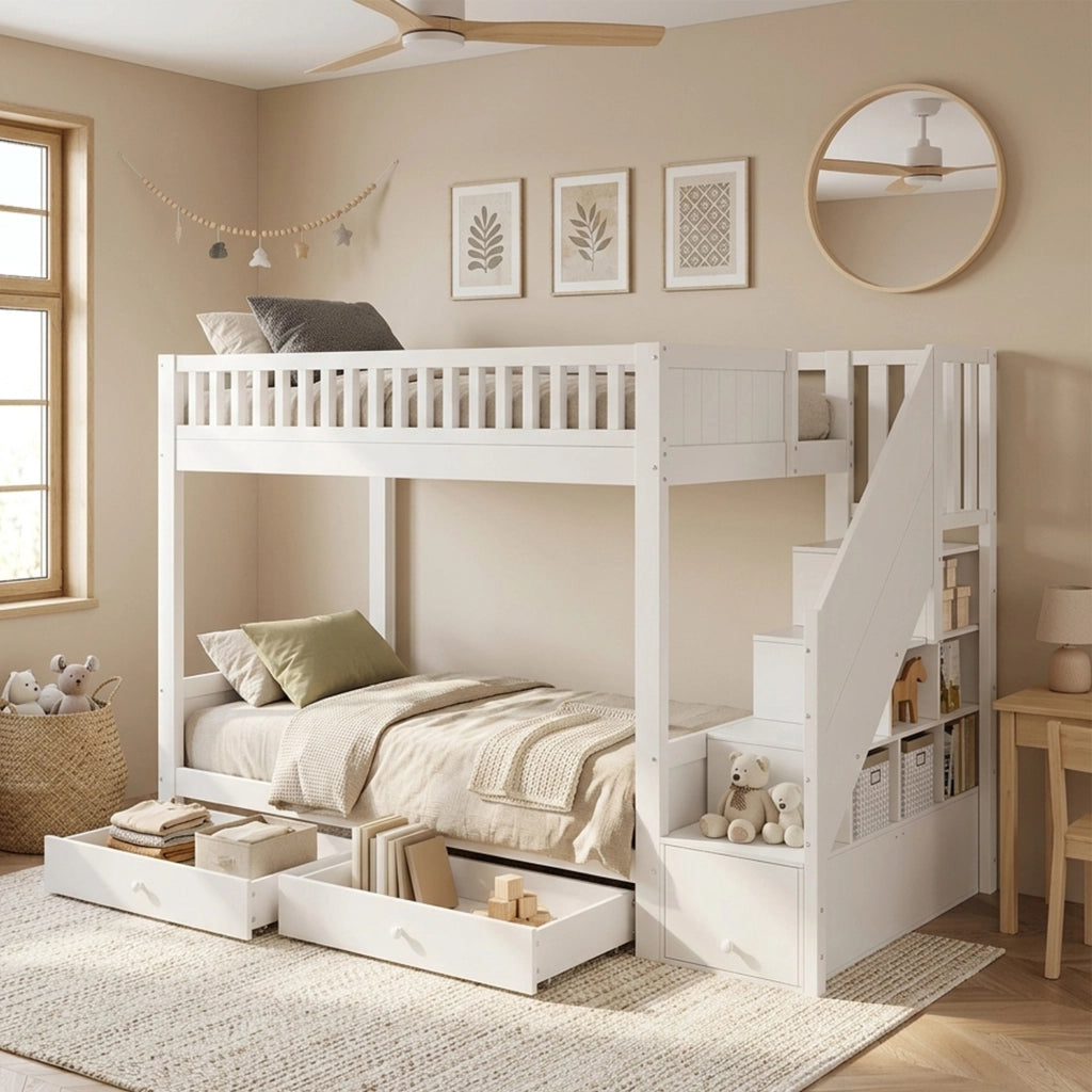 Letto a castello per bambini 90 × 200 cm con scala contenitore e 2 cassetti, senza materasso, in legno, bianco