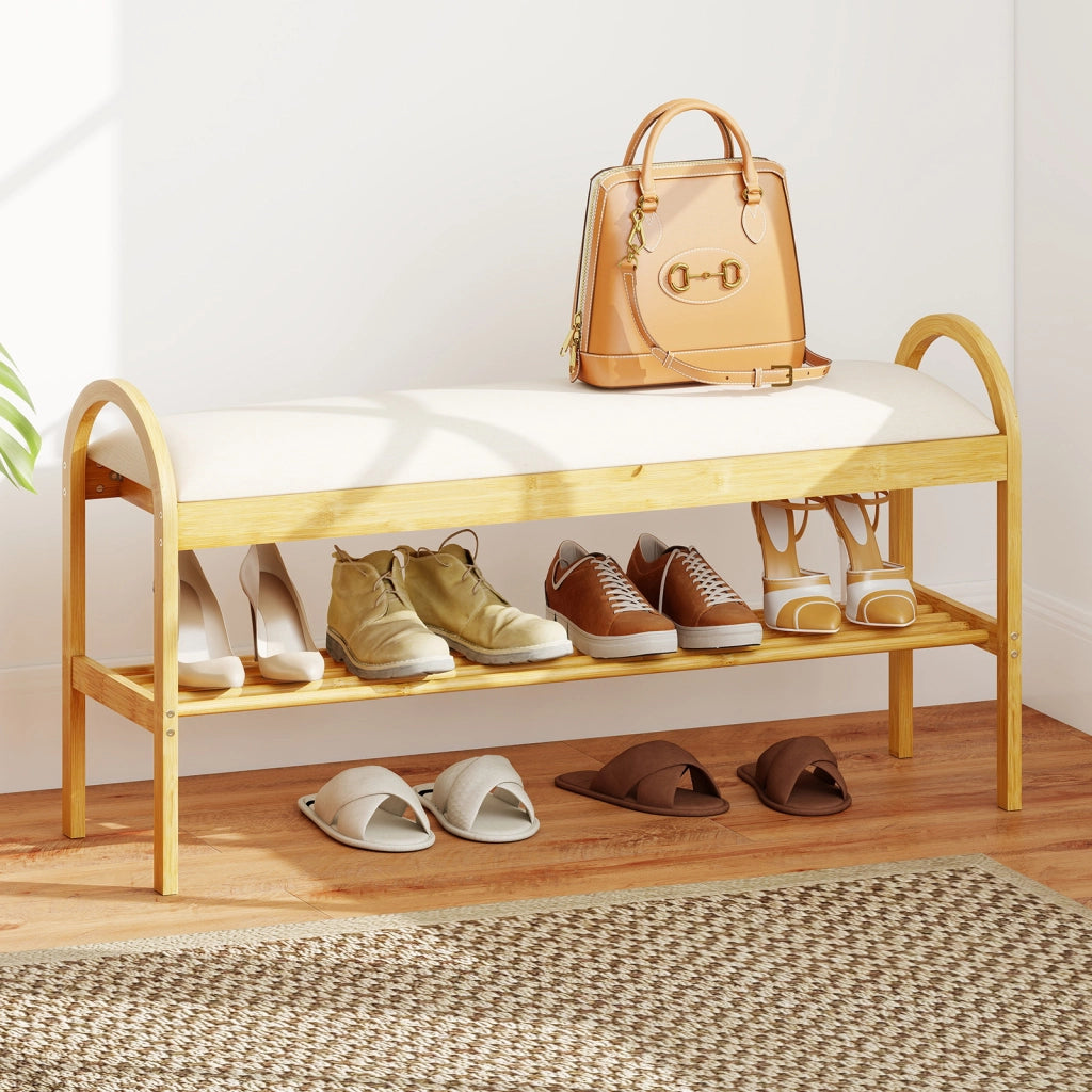 Panca per scarpe in bambù con coperchio ribalta scomparto nascosto-Panca da ingresso con seduta maniglie soggiorno Beige