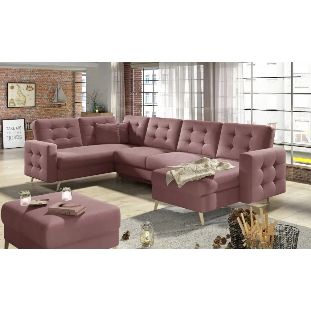 Divano angolare panoramico convertibile HASGARD U 326x202 cm rosa velluto