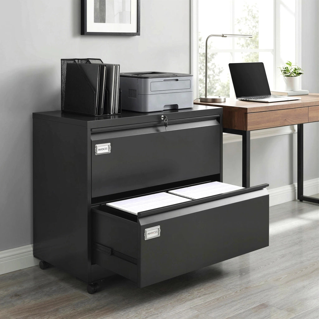 Cassettiera a rotelle con 2 cassetti a chiavetta e appendice regolabile ¨C zephmum ¨C 90x40x77 cm Nero