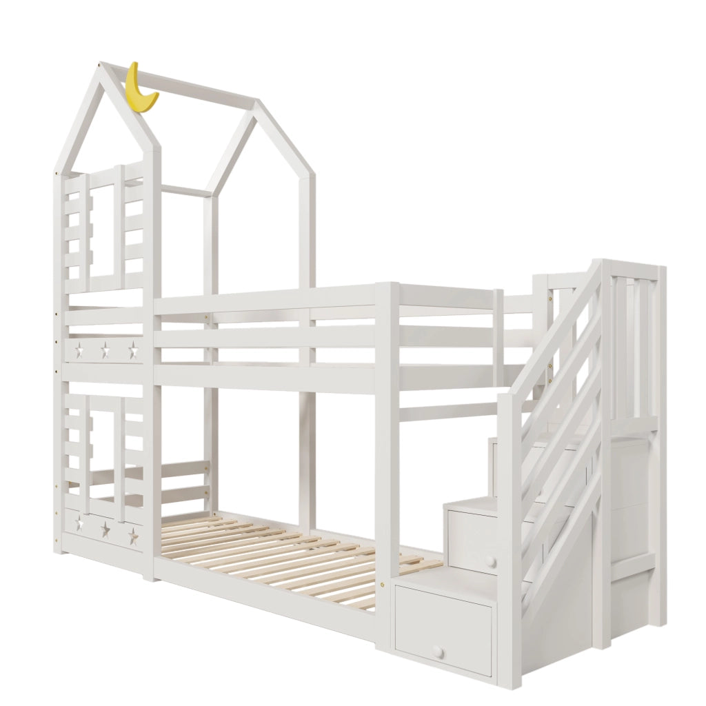 Letto a castello per bambini con cassetti e scala contenitore, 90 x 200 cm, bianco, con reti a doghe