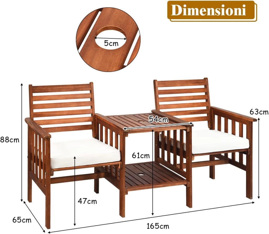 Set Tavolo e Sedia da Giardino con Foro per Ombrello, Set di Mobili a 2 Posti da Esterno in Legno con Cuscini, per Giardino, Cortile e Bordo della Piscina