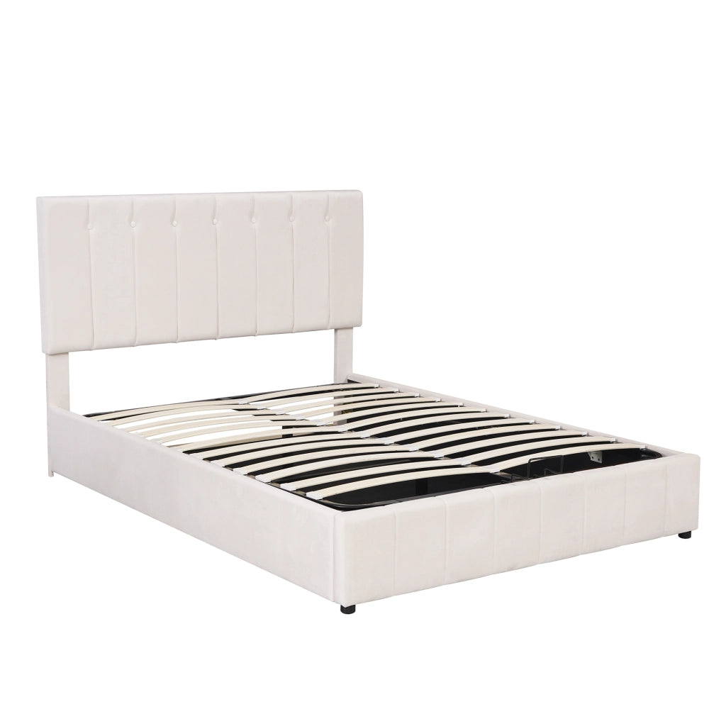 Letto Contenitore 140x200 cm; con Alzata Idraulica; Testiera Imbottita e Velluto Crema