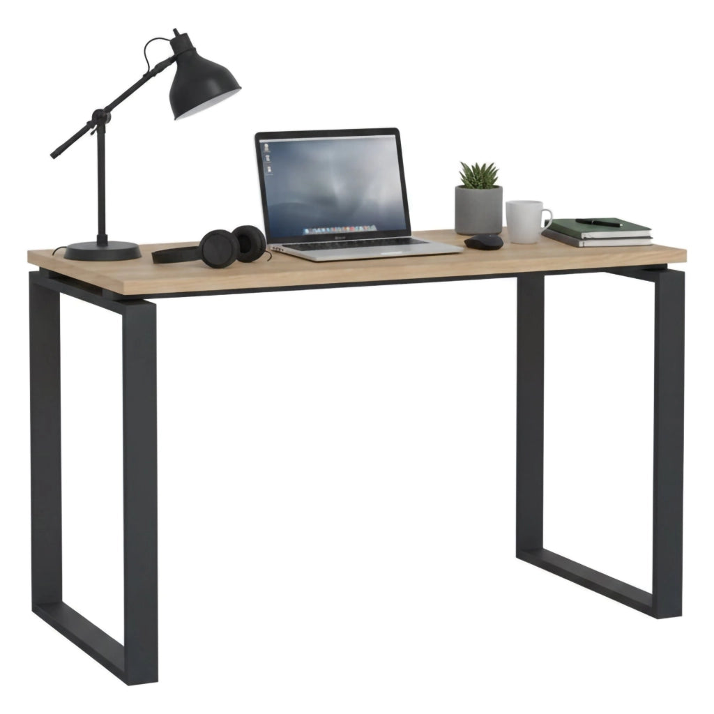 Scrivania Pierrot, Scrittoio multiuso, Tavolo per ufficio porta PC, Piano di lavoro, 120x60 h76 cm, Rovere e Grigio