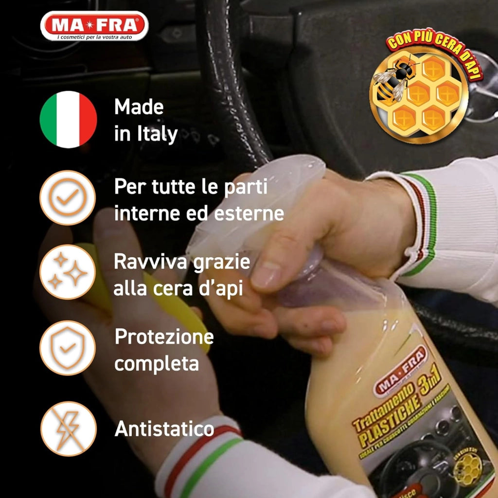 Ma-Fra, Trattamento 3in1 Plastiche, Pulisce, Ravviva e Protegge le Parti Interne dell'Auto, Creando una Barriera Anti Raggi UV, Formato 500ml