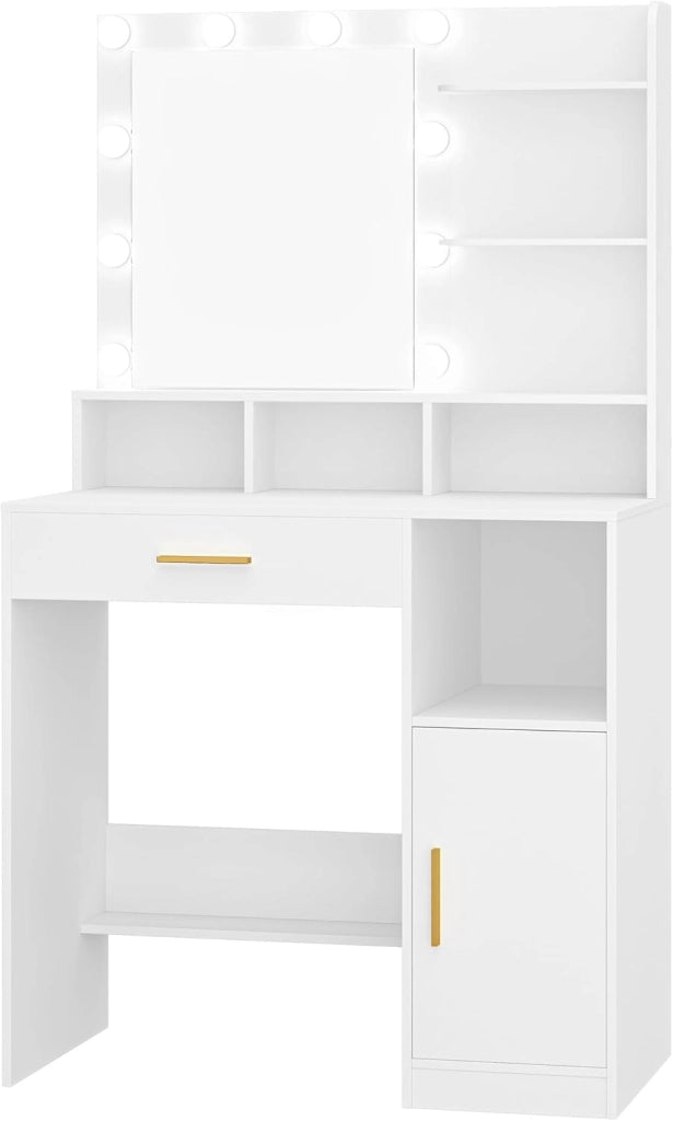 Hzuaneri Toeletta da Trucco, Luminosità Regolabile,Tavolo da Trucco con Specchio Grande, ampio cassetto e armadietto, Durevole e stabile, Moderno, Bianco VT08103X