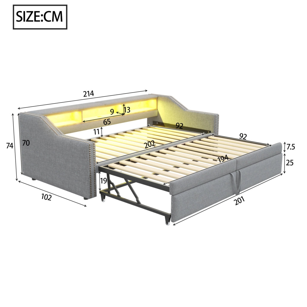 Divano letto imbottito estraibile 90/180 x 200 cm con LED, USB e 2 materassi H3