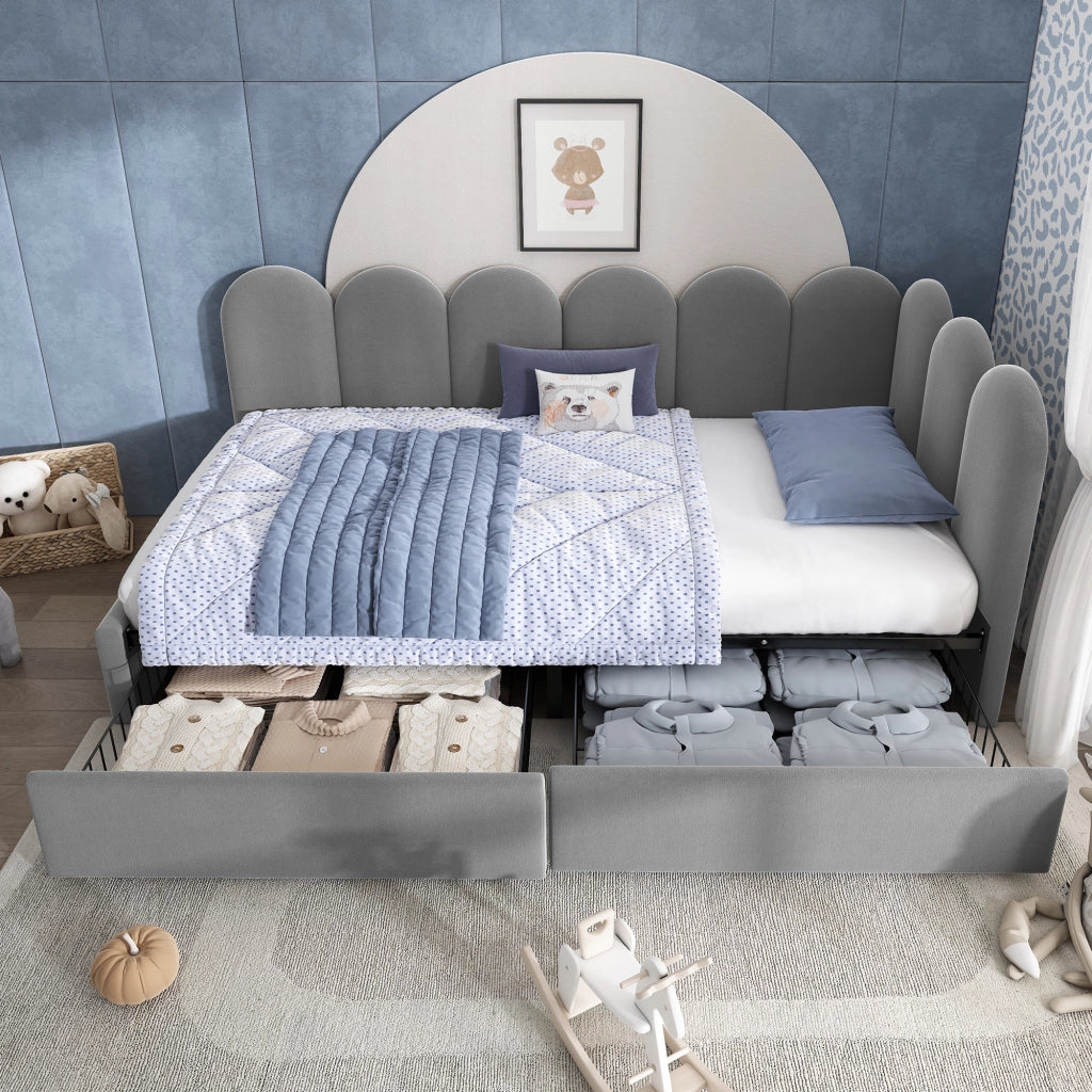 Letto singolo imbottito in velluto grigio 90x190 cm con 2 cassetti e rete a doghe