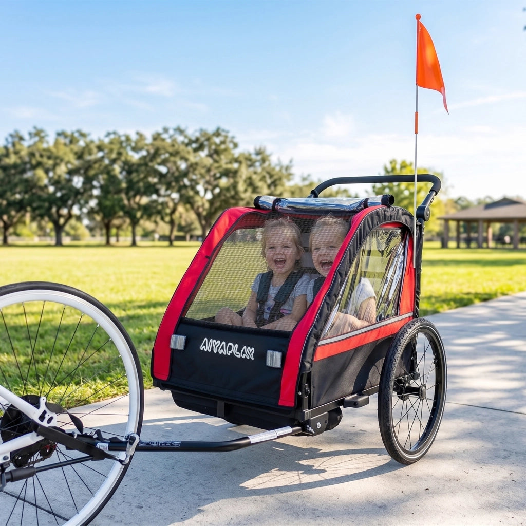 Rimorchio bici per bambini 2 in 1 ¨C Xylo ¨C passeggino 2 posti con freno a mano, rosso